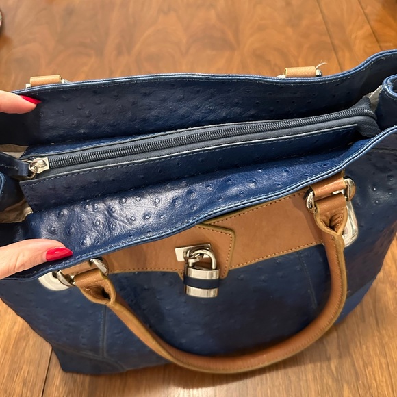 Large Italian Ostrich Leather Tote in Blue - Picture 8 of 13